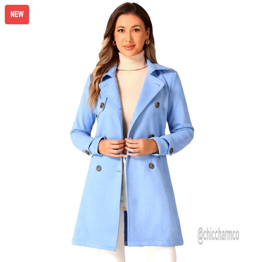 Faux Suede Trench Coat with Notched Lapel Double Breasted Belted Jacket